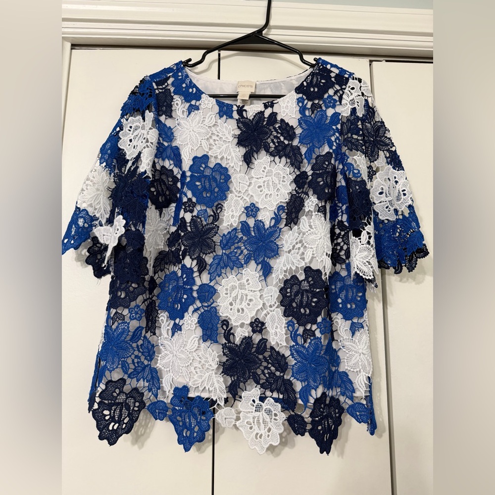 Chico's Navy Blue and White Floral Lace Crocheted Blouse